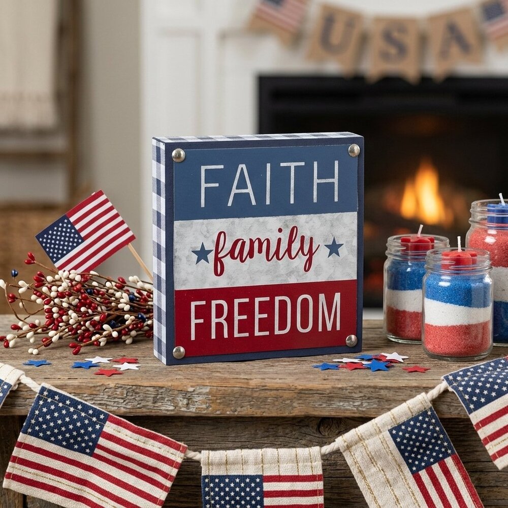 Faith Family and Freedom Wood Table Decoration Patriotic Home Decor 4th of July